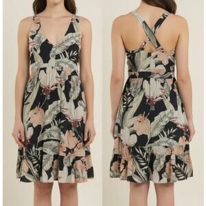 Ann Taylor Tropical Print Dress 12 Tall Ramie Cotton Blend Floral Resort Beachy